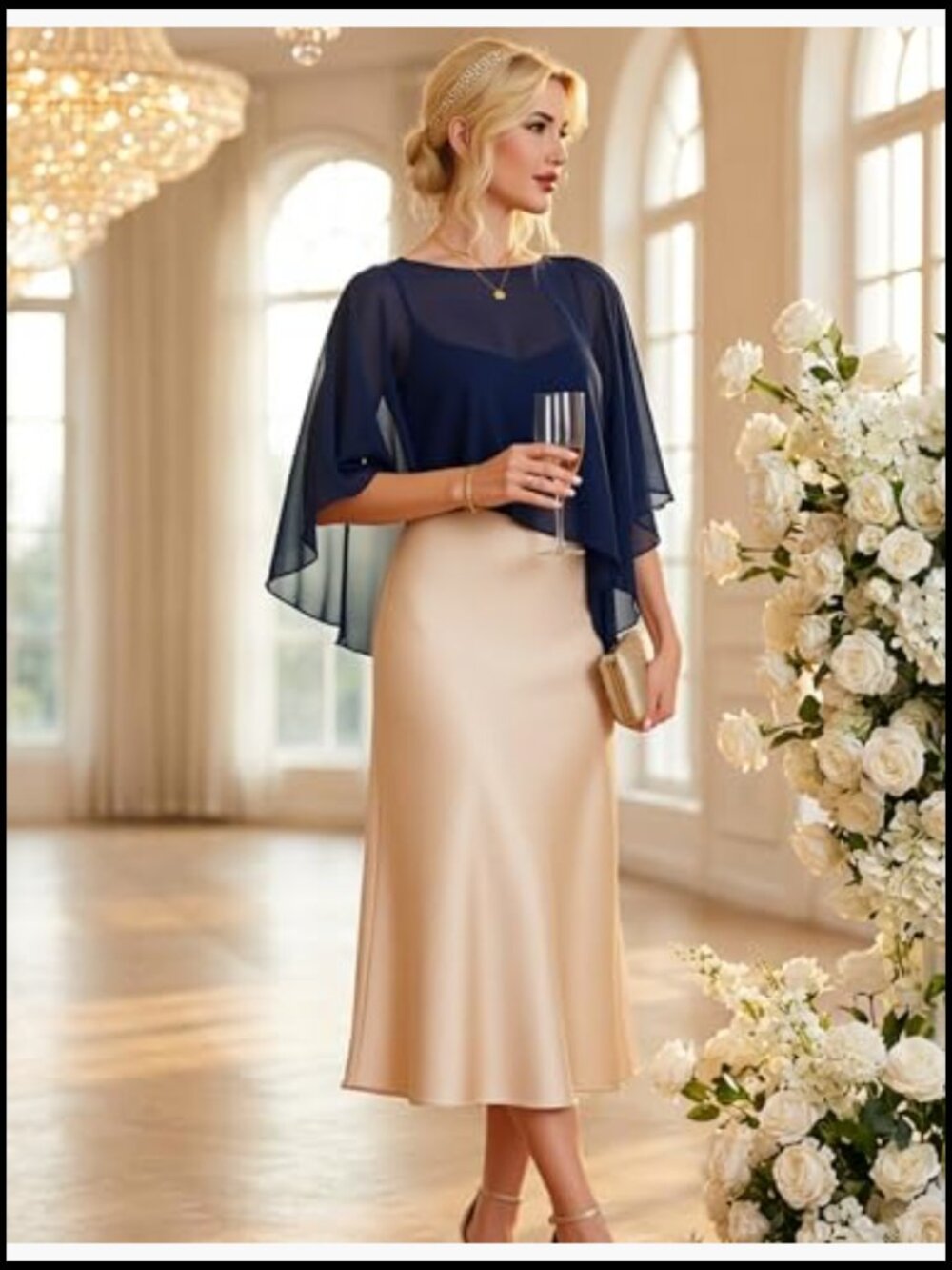 Sheer Navy Chiffon Cape Wrap - Women's Evening Shawl - Picture 4 of 7